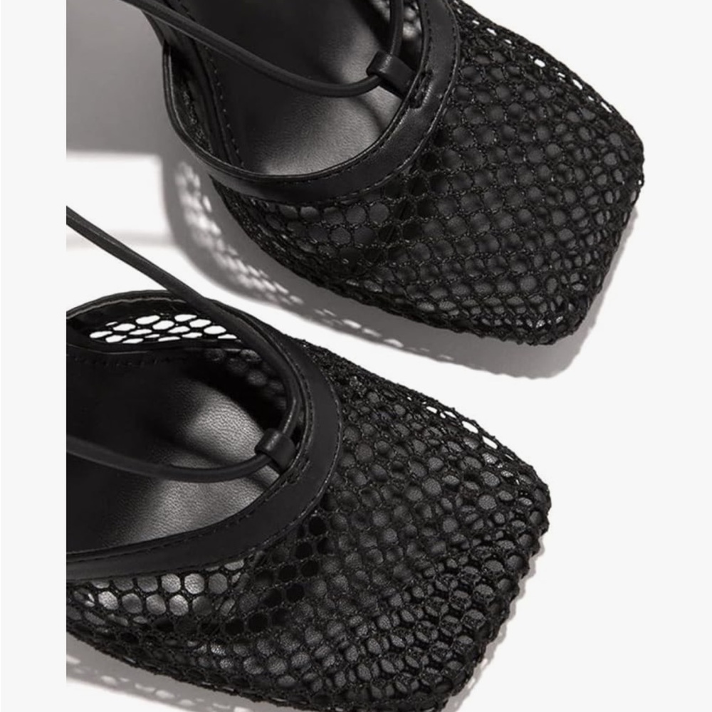 Women's Black Mesh Square-Toe Heels with Ankle Straps